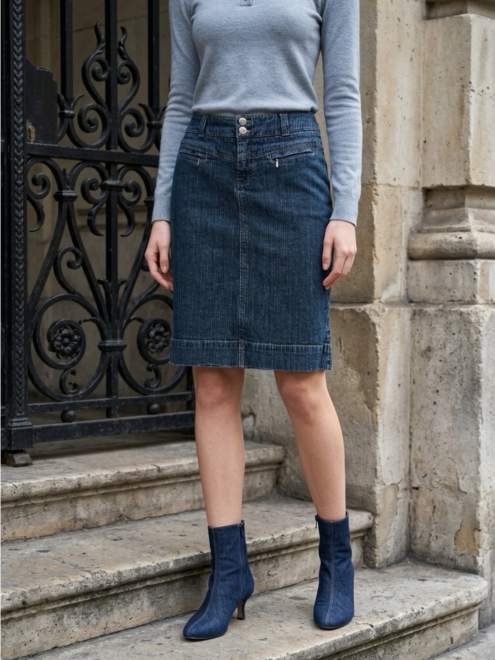 Y2K Denim Pencil Skirt Size 5 Dark Blue High Waist Stretch Classic